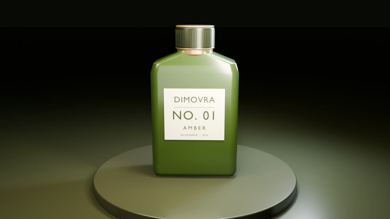 Dimovra No. 01 perfume concept with an olive bottle and gold cap on a studio plinth